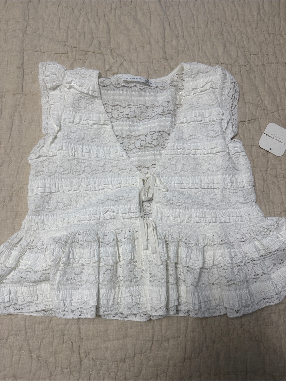 Altar'd State White Lace Ruffle Tie-Front Top